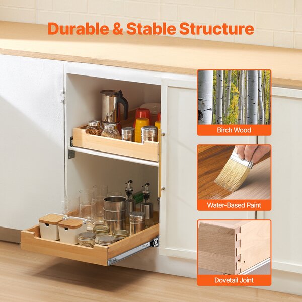 VEVOR Výsuvný organizér zásuvek do skříněk (432 x 533 x 76 mm), dřevěný podstavec zásuvky a boční montáž, pro kuchyň, spíž a koupelnu