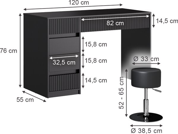 Toaletní stolek Vicco Omira Černá 120 cm se stoličkou, Model 50581