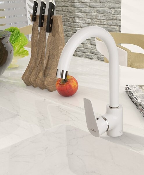 Invena Dokos, dřezová baterie s otočným ramenem, bílá-chrom, INV-BZ-19-002-V