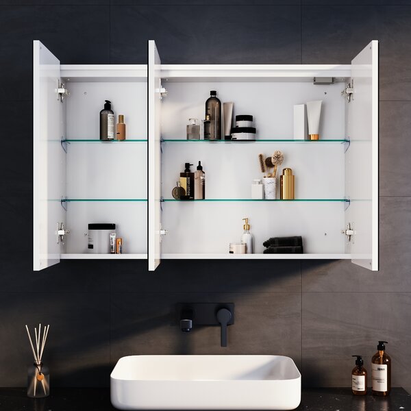 SONNI kovová zrcadlová skříňka s tříbarevným LED osvětlením 90x60x14 cm, stmívatelný dvoudotykový spínač, 3 dveře, bezdrátová konstrukce závěsů nástěnná skříňka