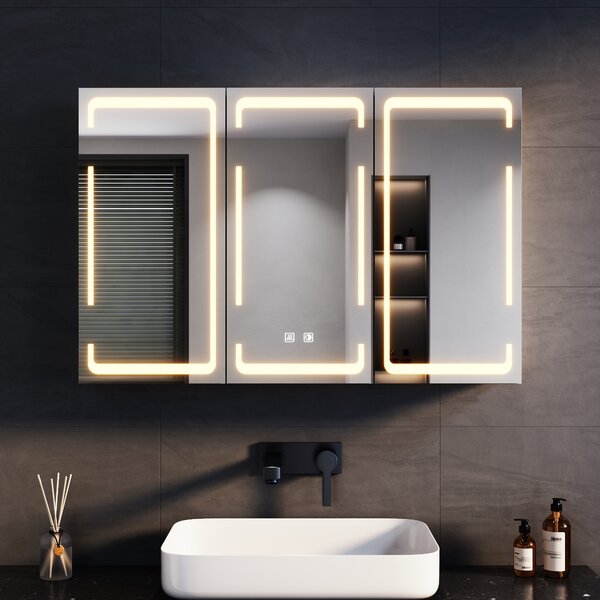 SONNI kovová zrcadlová skříňka s tříbarevným LED osvětlením 90x60x14 cm, stmívatelný dvoudotykový spínač, 3 dveře, bezdrátová konstrukce závěsů nástěnná skříňka