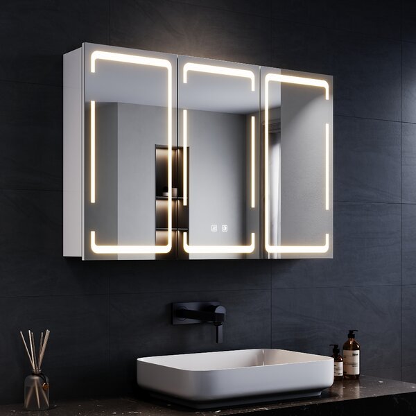 SONNI kovová zrcadlová skříňka s tříbarevným LED osvětlením 90x60x14 cm, stmívatelný dvoudotykový spínač, 3 dveře, bezdrátová konstrukce závěsů nástěnná skříňka