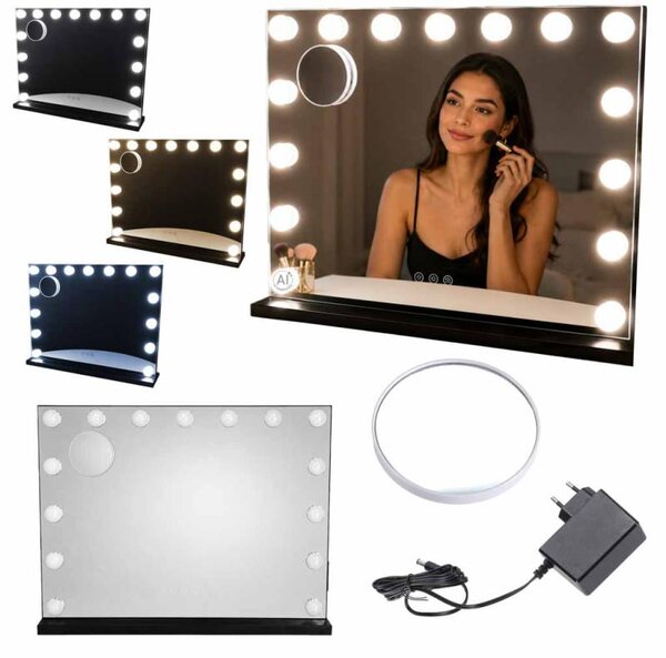 KIK KX2711 LED kosmetické zrcátko s 15 žárovkami, zvětšení 10x, regulace jasu