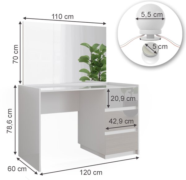 Toaletní stolek Vicco Marla Bílá vysoký lesk 120 cm se zrcadlem, pohádkovými světly LED, Model 51992