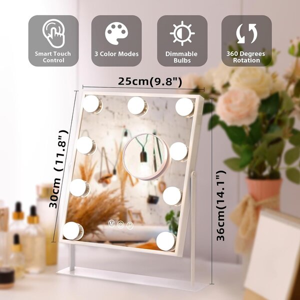 VANITII Make-up zrcadlo s osvětlením 25 x 30 cm LED osvětlení 9 stmívatelných světel 3 barevné režimy Make-up zrcadlo otočné o 360° pro toaletní stolek bílé barvy
