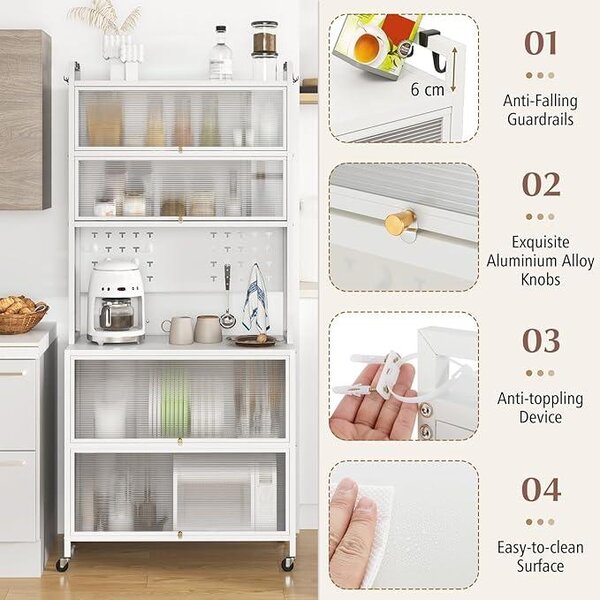 Moderní spížní skříňka, bufetová skříňka s horní deskou, 4 kovové háčky na zavěšení a závěsná deska, 6úrovňová kuchyňská police z uhlíkové oceli, bílá barva