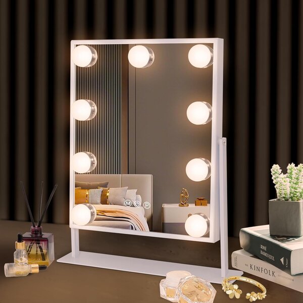 VANITII Make-up zrcadlo s osvětlením 25 x 30 cm LED osvětlení 9 stmívatelných světel 3 barevné režimy Make-up zrcadlo otočné o 360° pro toaletní stolek bílé barvy