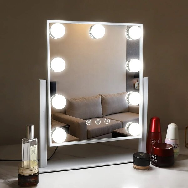 VANITII Make-up zrcadlo s osvětlením 25 x 30 cm LED osvětlení 9 stmívatelných světel 3 barevné režimy Make-up zrcadlo otočné o 360° pro toaletní stolek bílé barvy
