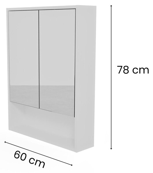 Koupelnová zrcadlová skříňka 60 x 78 cm bílá, skleněné police, bezúchytková dvířka, moderní nástěnný design