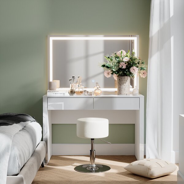 Toaletní stolek Vicco Annabelle Bílá vysoký lesk/bílá 110 cm se zrcadlem LED a stoličkou, Model 55041