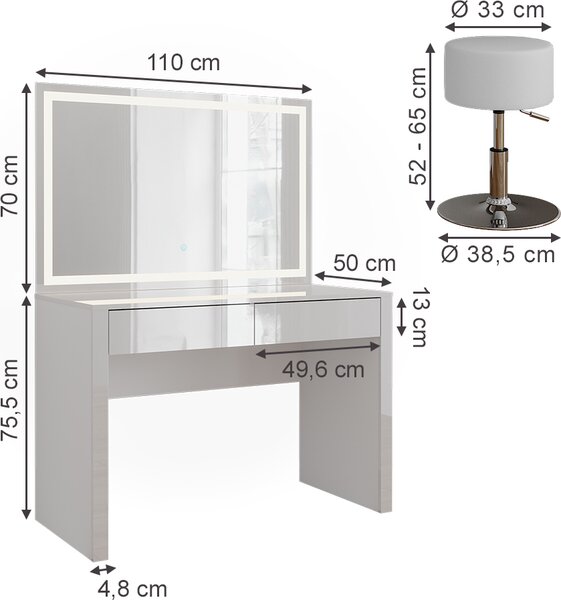 Toaletní stolek Vicco Annabelle Bílá vysoký lesk/bílá 110 cm se zrcadlem LED a stoličkou, Model 55041