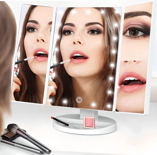 Kosmetické zrcátko třípanelové s LED osvětlením Kosmetické Make-Up zrcátko s dotykovým ovládáním intenzity osvětlení 3 barvy světla 3x 2x, 16x Retoo