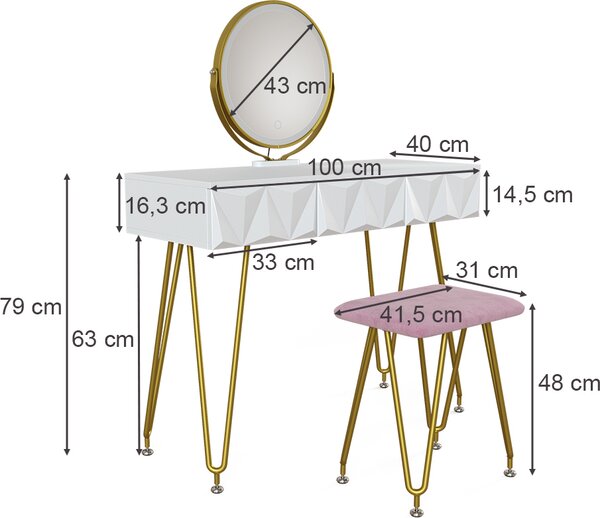Toaletní stolek Vicco Ruby Bílá 100 cm s LED osvětlením a taburetem, Model 36917