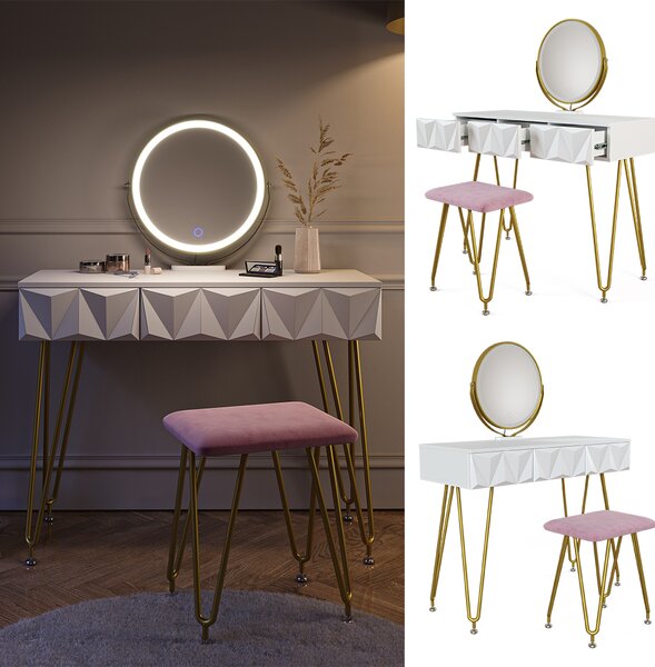 Toaletní stolek Vicco Ruby Bílá 100 cm s LED osvětlením a taburetem, Model 36917