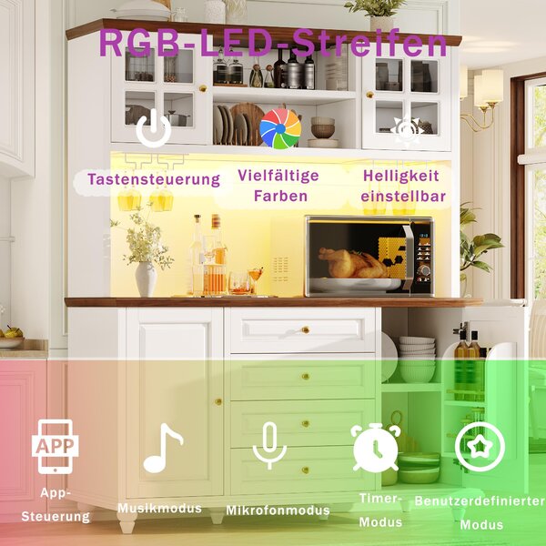 Kuchyňská skříňka Flieks s RGB LED osvětlením, kovovým držákem na víno, komoda s nohami z kaučukovníku, vysoká skříň, vhodná do kuchyně i obývacího pokoje, bílá barva