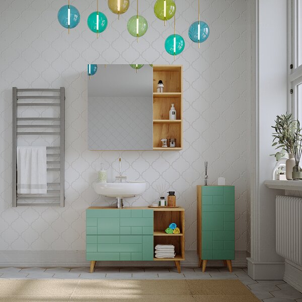 Koupelnová zrcadlová skříňka Vicco Rudi Dub 90 x 80.9 cm s dvířky a otevřenými přihrádkami, Model 40519