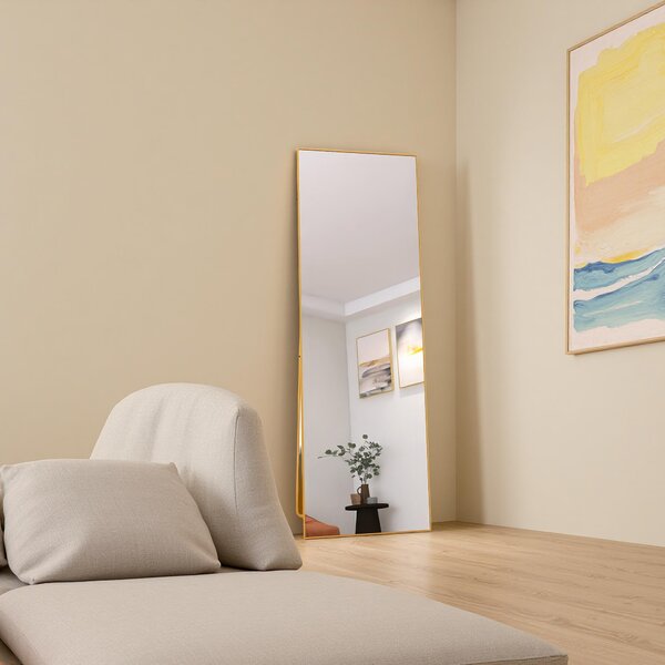 Obdélníkové kosmetické zrcadlo z tvrzeného skla, černý hliníkový rám, 162 x 53 cm, elegantní moderní design do ložnice nebo koupelny