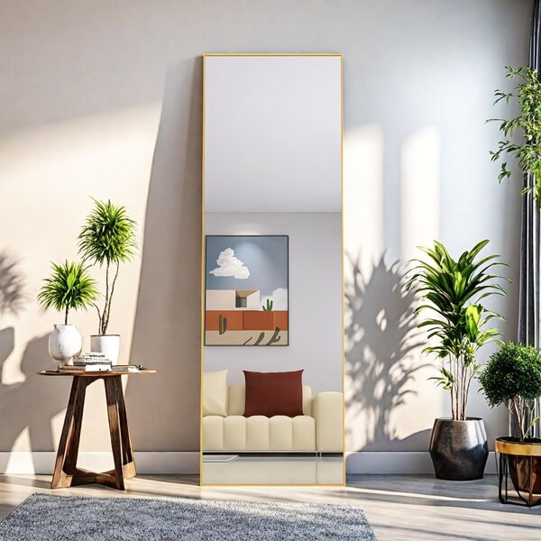 Obdélníkové kosmetické zrcadlo z tvrzeného skla, černý hliníkový rám, 162 x 53 cm, elegantní moderní design do ložnice nebo koupelny