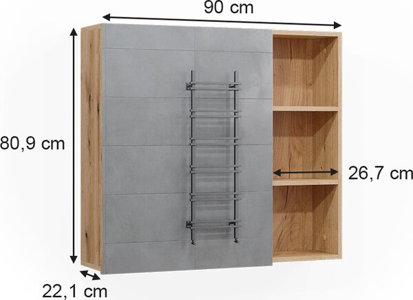 Koupelnová zrcadlová skříňka Vicco Rudi Dub 90 x 80.9 cm s dvířky a otevřenými přihrádkami, Model 40519