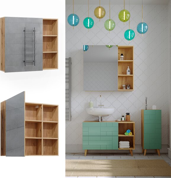 Koupelnová zrcadlová skříňka Vicco Rudi Dub 90 x 80.9 cm s dvířky a otevřenými přihrádkami, Model 40519