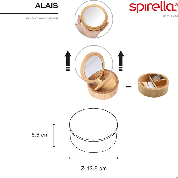 Kosmetický organizér Spirella "Alais" se 3 přihrádkami Úložný box na make-up a šperky 13,5 x 5 cm - Bambus se zrcátkem
