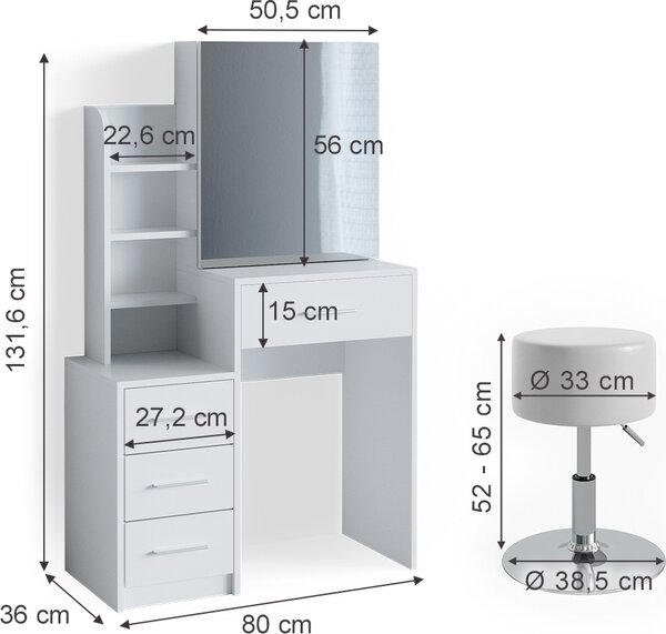 Toaletní stolek Vicco Conrada Bílá 80 cm s taburetem, Model 36240