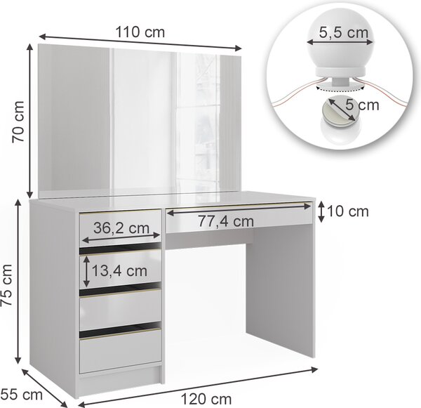 Toaletní stolek Vicco Sherry Bílá/zlatá 120 cm s osvětlením LED, Model 47712