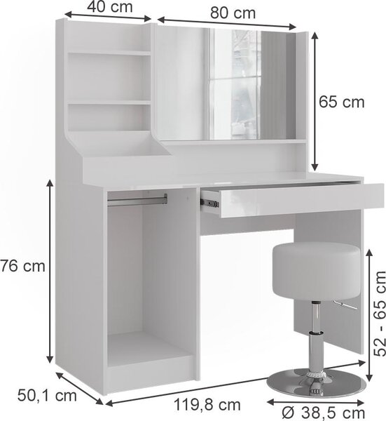 Toaletní stolek Vicco Sherry Bílá/bílý vysoký lesk 119.8 cm 4 díly, Model 57596