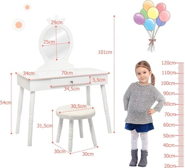 COSTWAY Dětský toaletní stolek se stoličkou, zásuvkou a odnímatelným zrcadlem Dřevo 70x34x100cm