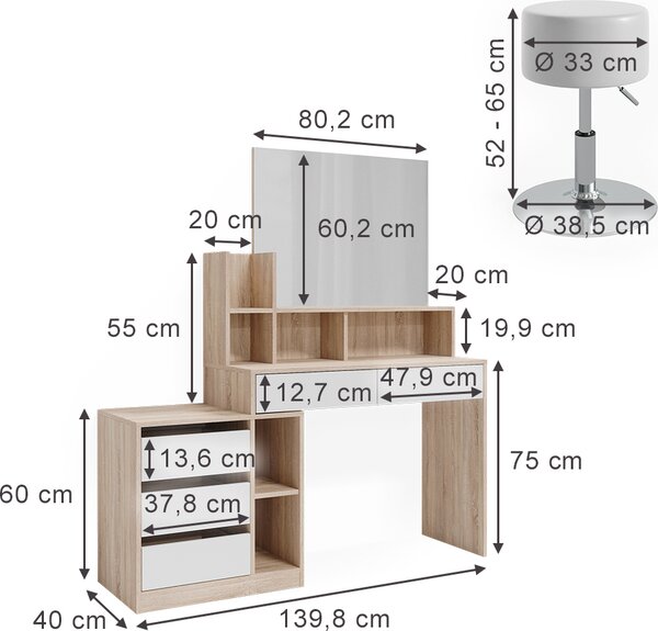 Toaletní stolek Vicco Anja Bílá/Sonoma 139.8 cm se stoličkou, Model 41329