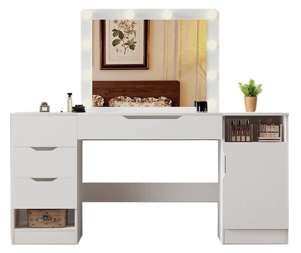 Velká toaletka s LED zrcátkem, bílá, se zásuvkami na kosmetiku, ve stylu loft