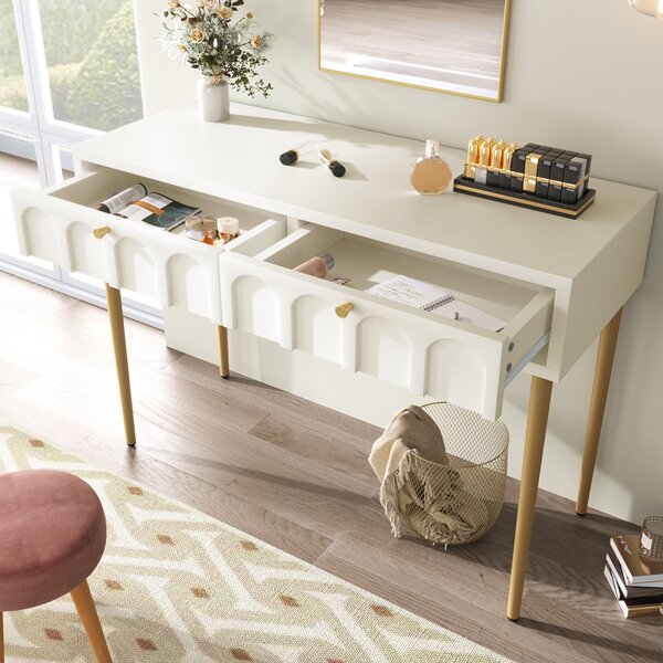 Flieks toaletní stolek se 2 zásuvkami, toaletní stolek kosmetický stolek make-up komoda s kovovými nohami, make-up komoda zásuvka komoda ložnice, krémová
