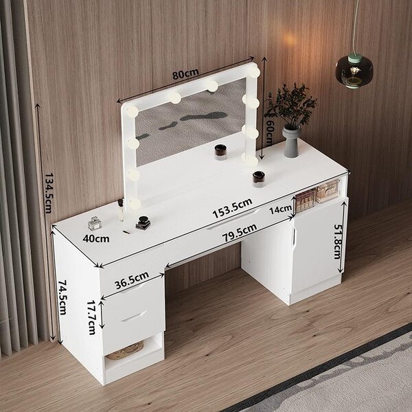 Velká toaletka s LED zrcátkem, bílá, se zásuvkami na kosmetiku, ve stylu loft
