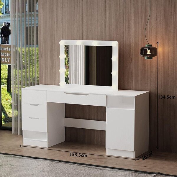 Velká toaletka s LED zrcátkem, bílá, se zásuvkami na kosmetiku, ve stylu loft