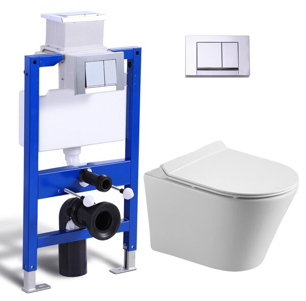 Kompletní sada předstěnových klozetových prvků - 82cm skrytá splachovací nádržka + závěsný klozet bez okrajů + obdélníková chromovaná tlačná deska HOROW