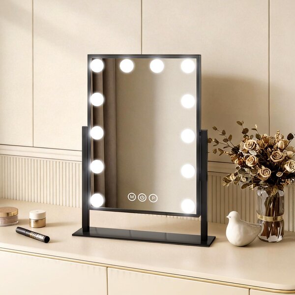 EMKE Hollywoodské kosmetické zrcadlo 85x364x475mm se 7x zvětšujícím zrcadlem, černé Make-up zrcadlo s inteligentním dotykovým displejem a 3 barvami světla, 12 stmívatelných LED světel, otočné o 360° a s paměťovou funkcí