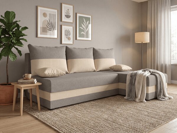Rozkládací oboustranná sedací souprava do L VALERIO SLIM 200x140 cm, světle šedá/béžová + 2 polštářky ZDARMA