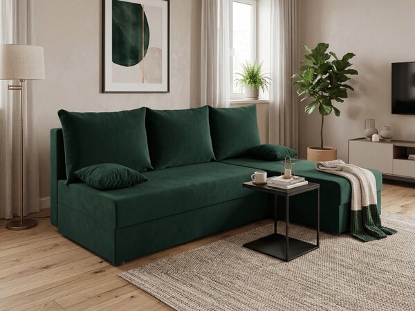 Rozkládací oboustranná sedací souprava do L VALERIO SLIM 200x140 cm, tmavě zelená + 2 polštářky ZDARMA