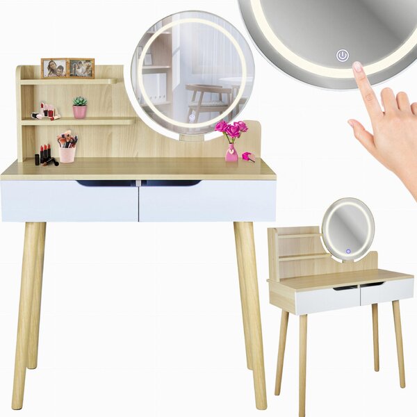 JUMI Toaleta s LED zrcadlem SCANDI kosmetické Skandinávský loft bílé dřevo
