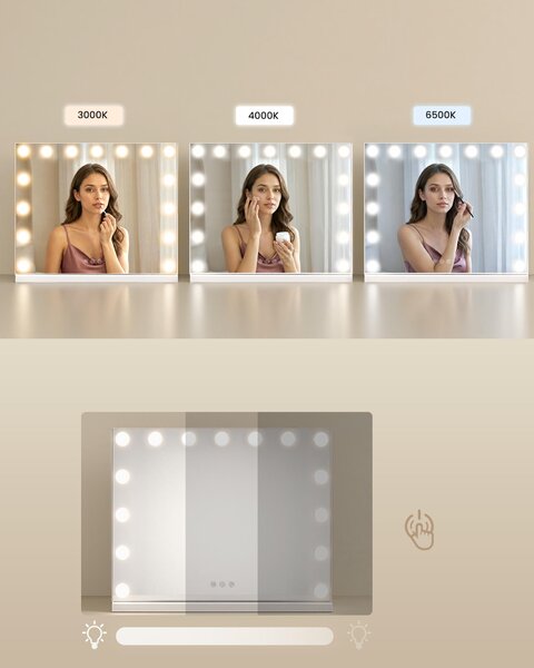 SONGMICS Zrcadlo na líčení s osvětlením, s regulací jasu, 15 LED diod, 3 barevné režimy, 10x zvětšení, rozměry 48 x 58 x 5,7 cm, bílá barva