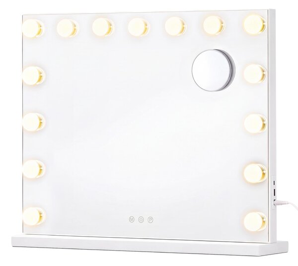SONGMICS Zrcadlo na líčení s osvětlením, s regulací jasu, 15 LED diod, 3 barevné režimy, 10x zvětšení, rozměry 48 x 58 x 5,7 cm, bílá barva