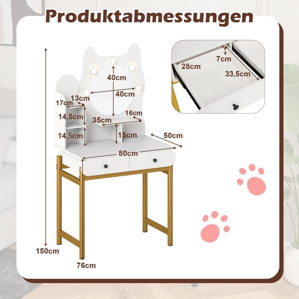 Kosmetický stolek COSTWAY Kosmetický stolek ve tvaru kočky, toaletní stolek se zrcadlem, osvětlením, 3 režimy osvětlení, stmívatelným jasem, zásuvkami a 2 zásuvkami