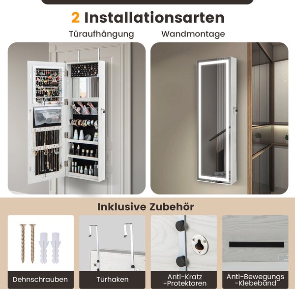 Velká šperkovnice COSTWAY 120 cm se zrcadlem LED, závěsným zrcadlem po celé délce, vnitřním zrcadlem, úložným prostorem a uzamykatelnými magnetickými dvířky