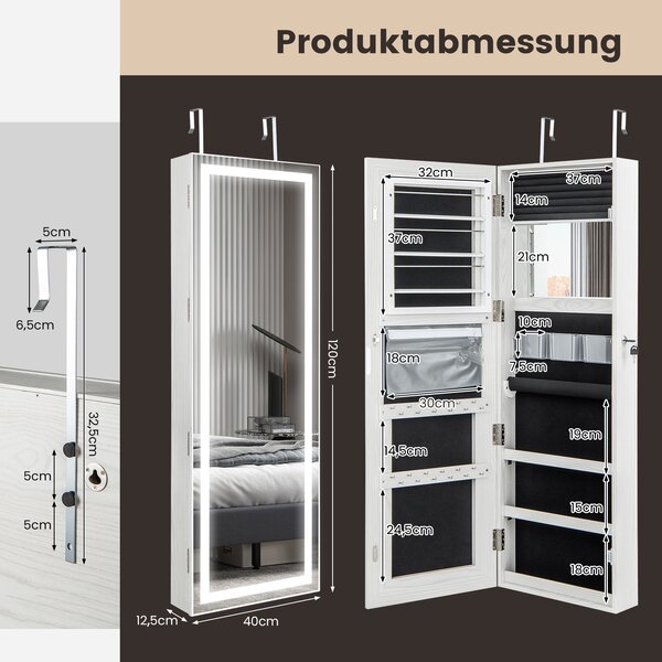 Velká šperkovnice COSTWAY 120 cm se zrcadlem LED, závěsným zrcadlem po celé délce, vnitřním zrcadlem, úložným prostorem a uzamykatelnými magnetickými dvířky