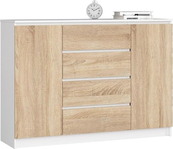 BDW, komoda se 4 zásuvkami, 139x40x99 cm, K140, bílá / dub sonoma