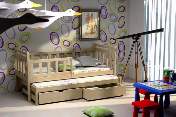 Dětská postel s přistýlkou Puchatek, Borovice přírodní, 80x180 cm