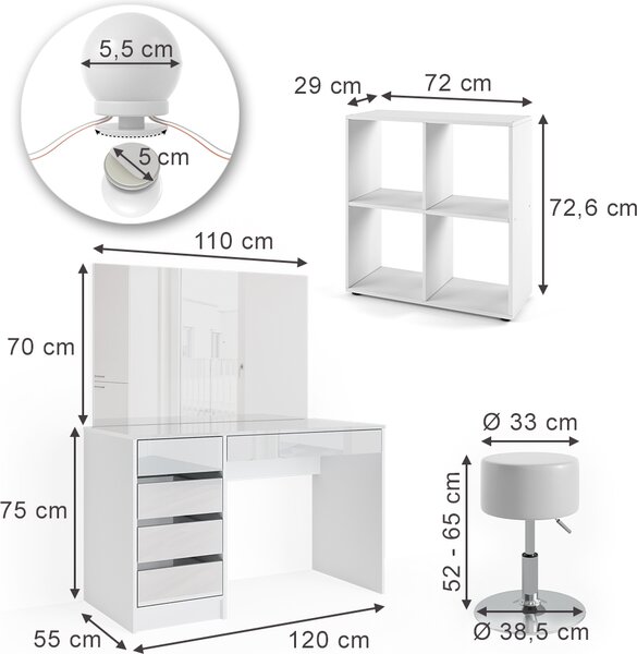 Toaletní stolek Vicco Sherry Bílá 120 cm 4 díly, s policovou skříní, zrcadlem, stoličkou, LED diodami, Model 41628