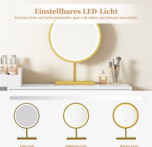 Sada toaletního stolku s LED zrcátkem a tříbarevným osvětlením, dřevěný toaletní stolek se 3 zásuvkami a boční skříňkou, výsuvná konstrukce (bez stoličky), bílá, 120 cm, 40 cm, 90 cm, dřevotřísková deska