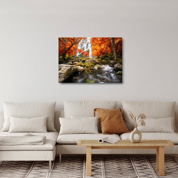 Skleněný obraz - Vodopády v oranžovém lese (70x50 cm)