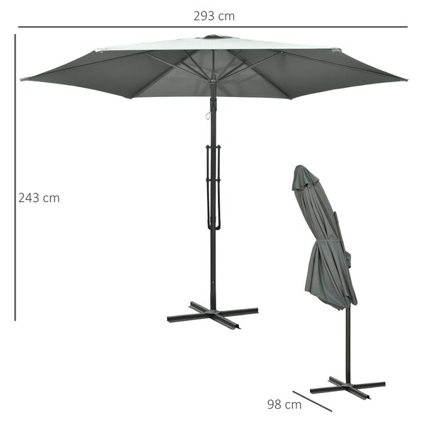 Outsunny odkloněný závěsný slunečník Ø 293 cm – boční páka, křížová podstava, voděodolný, větrací otvor, UV ochrana, tmavě šedý | Aosom